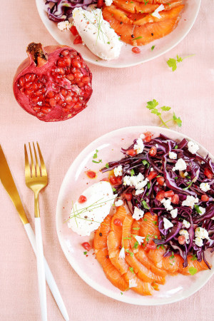 Marinated salmon, red cabbage, pomegranate and feta cheese bowl